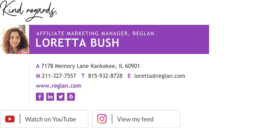 Professional email signature design for Loretta Bush, Instagram Marketing Manager, highlighting her role and contact information.