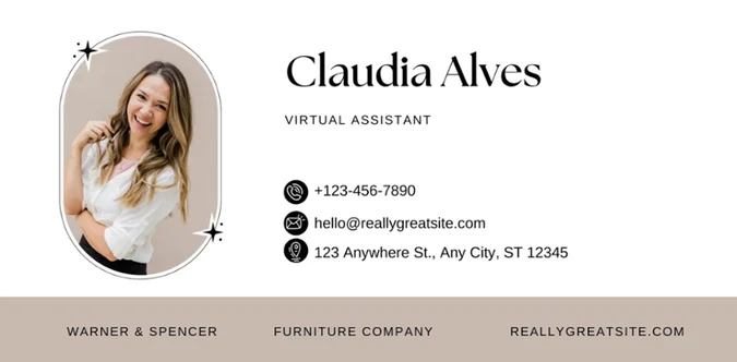 Business email signature design for a virtual assistant, featuring a professional email signature layout.
