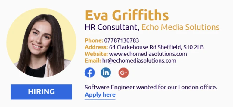 Example of professional email signature for Eva Griffiths, HR consultant, showcasing her contact details and branding.