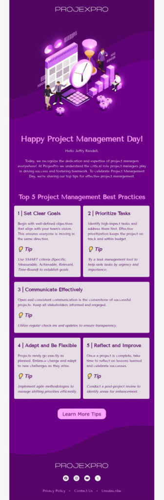 A festive newsletter dedicated to Project Management Day, highlighting colorful elements and providing an email contact feature.