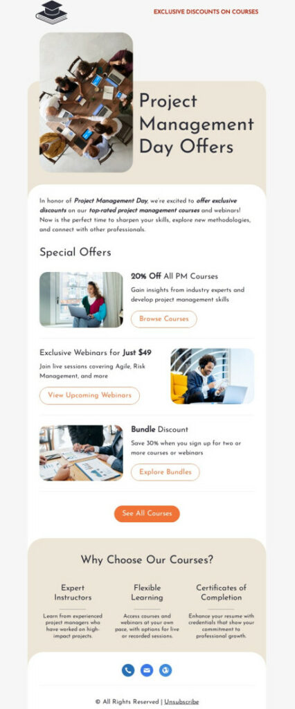 Project Management Day offers page showcasing email details for celebrating.