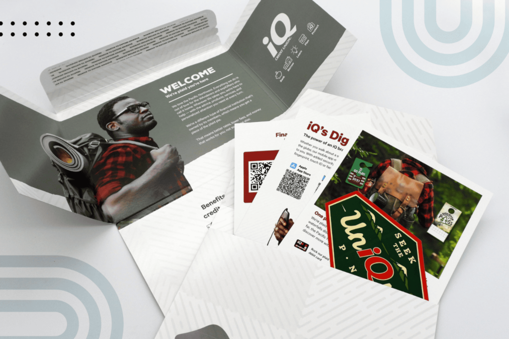 A folded booklet with a man in a red shirt, illustrating self-mailers for efficient and engaging correspondence.