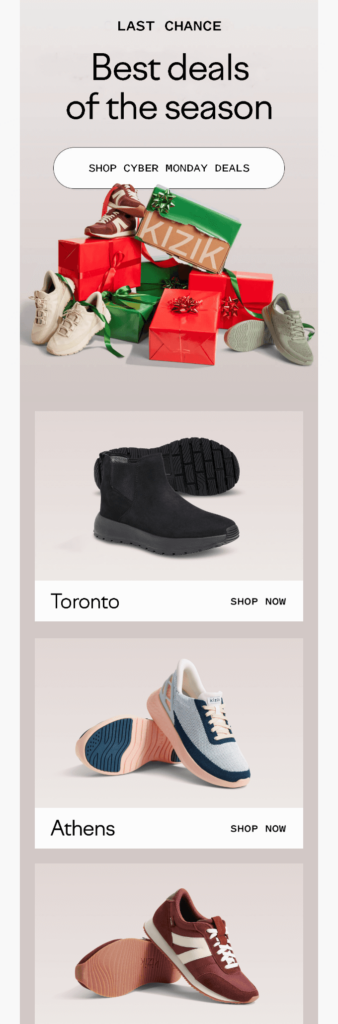 Kizik shoe store app, emphasizing the best seasonal deals of cyber monday available.