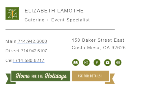 Email signature design featuring Elizabeth Lamothe, catering event specialist, showcasing professionalism and creativity.