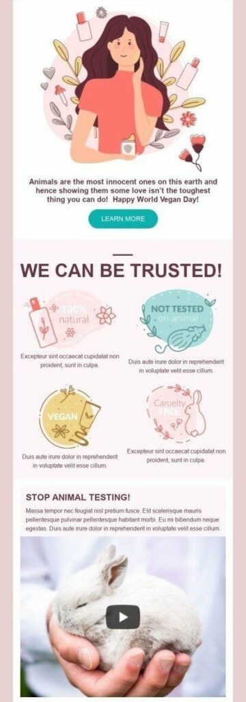 Email design showcasing a cruelty-free product company, featuring an appealing layout and vibrant product images.