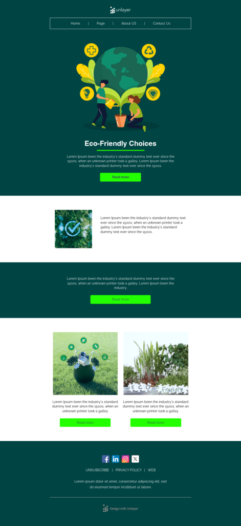A green email design featuring an eco-friendly theme against a vibrant green background.