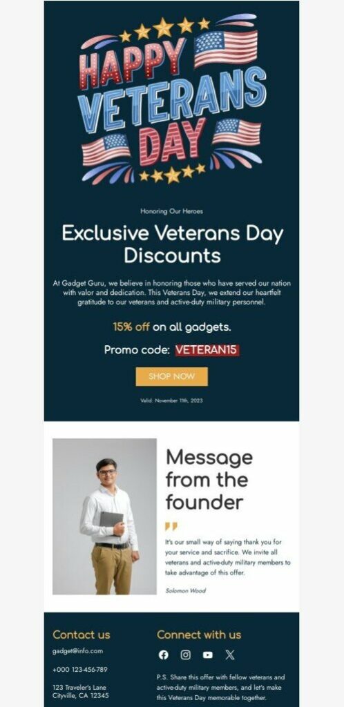 Email template design for Veterans Day, featuring patriotic colors and themes to honor and celebrate veterans.