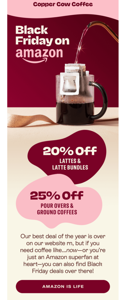 Eye-catching Black Friday sale email from Copper Cow Coffee highlighting exclusive deals on their coffee range.