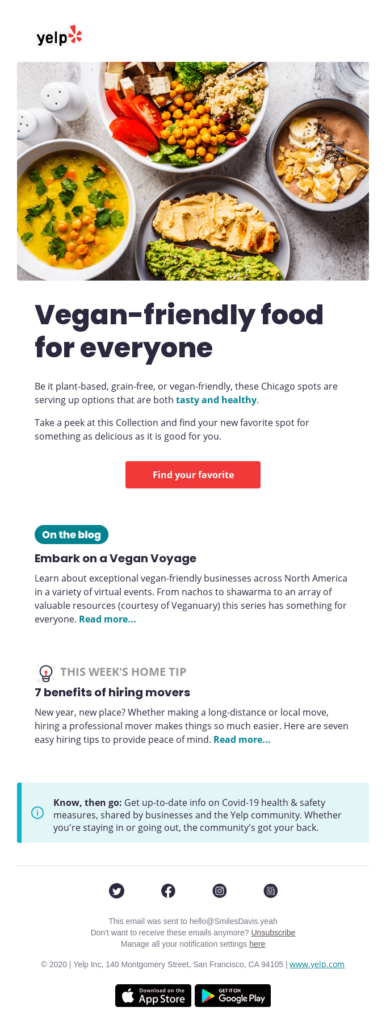 A colorful email of vegan-friendly dishes, showcasing diverse options for everyone to enjoy a healthy meal.