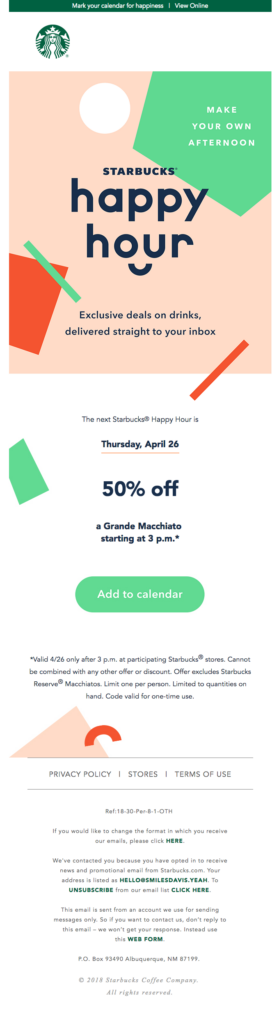 A colorful Starbucks happy hour email with coupon.