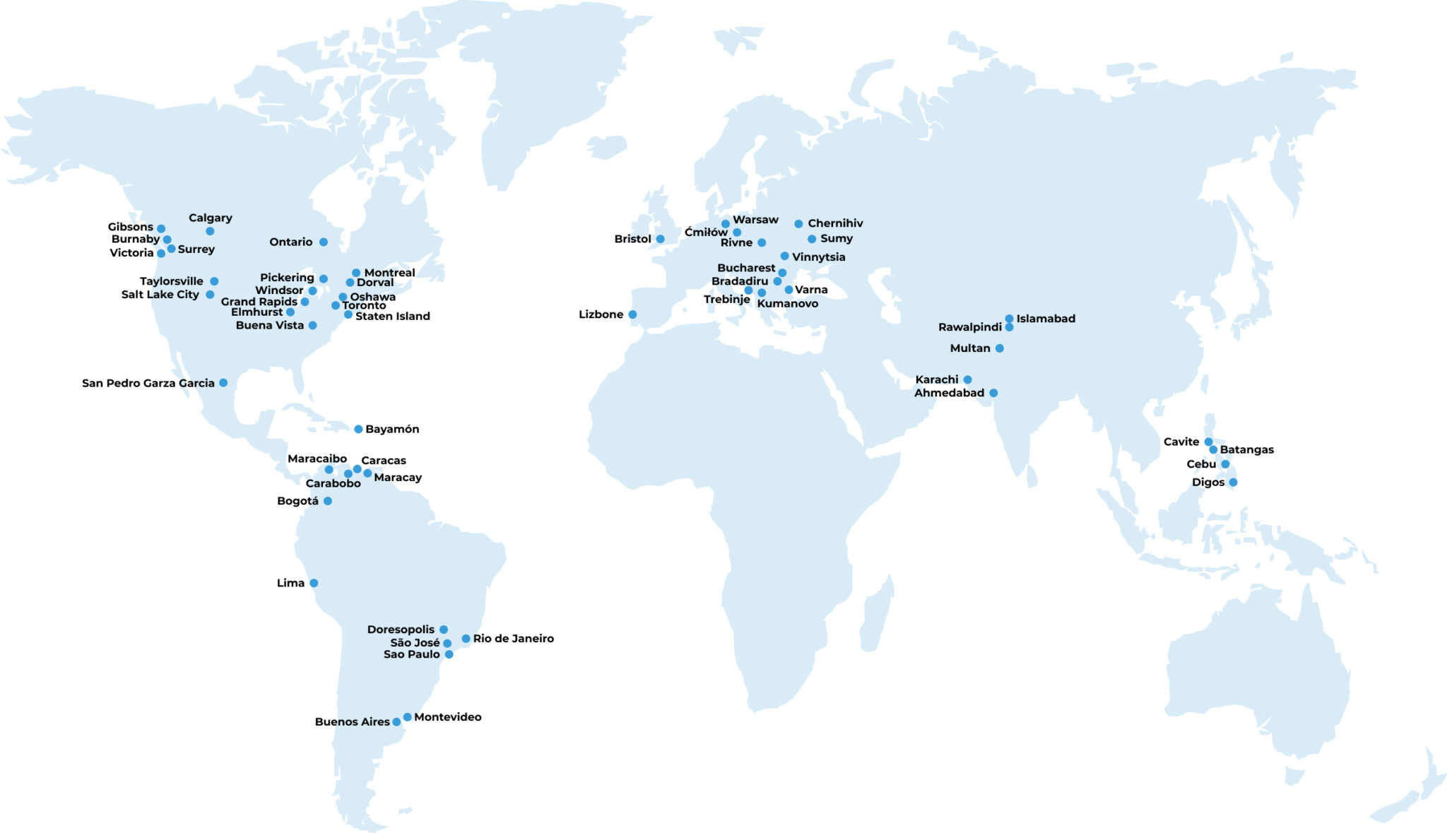 World map showing where Flowium team members are located.
