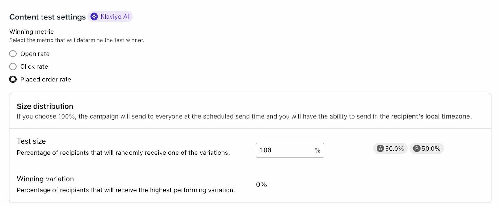 Overview of the settings page for a content type in Klaviyo, highlighting A/B testing functionalities.
