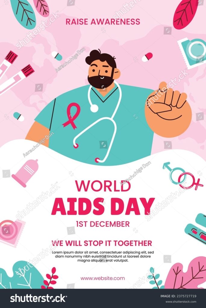 Illustration for World AIDS Day on December 1. It features a healthcare worker with a red ribbon and emphasizes raising awareness and unity with the message, "We will stop it together."