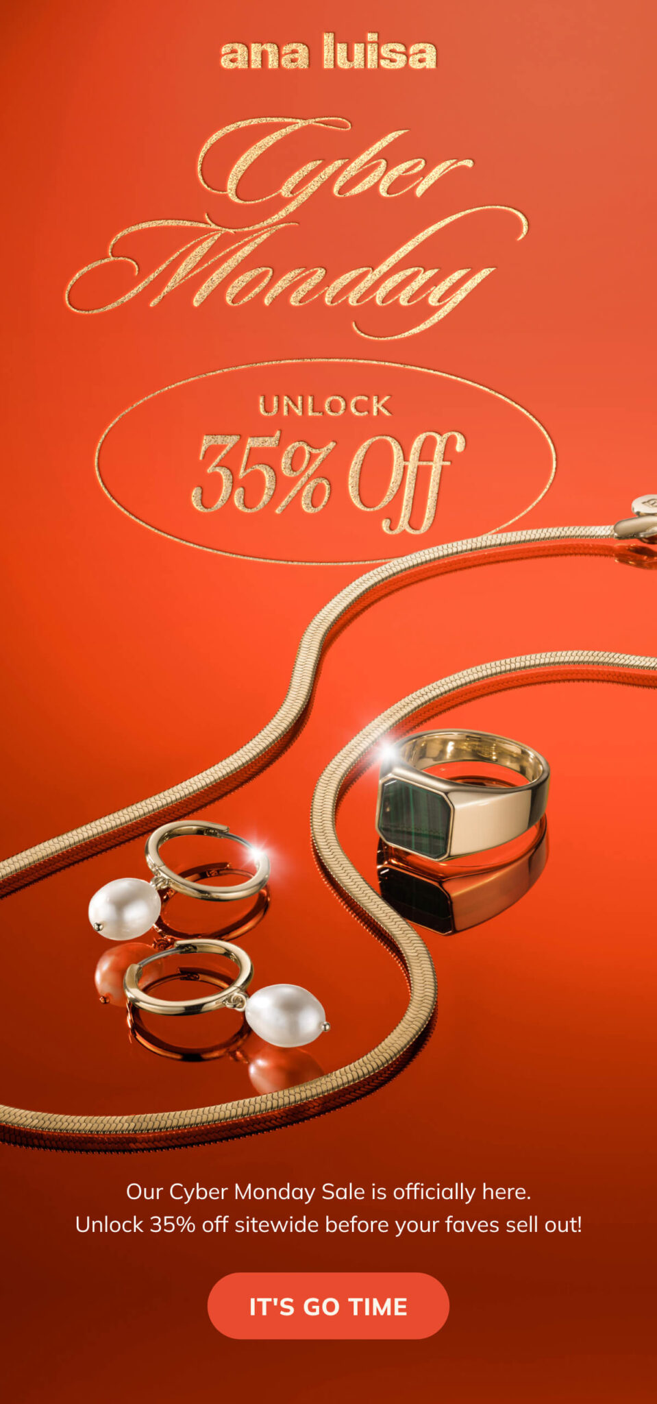 Cyber Monday sale banner for Ana Luisa featuring discounts and promotional graphics.