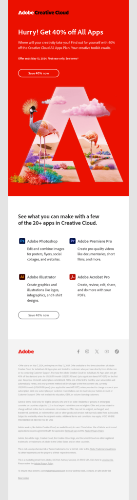Email design showcasing the word "Adobe" in a continuous loop, emphasizing its branding and identity.