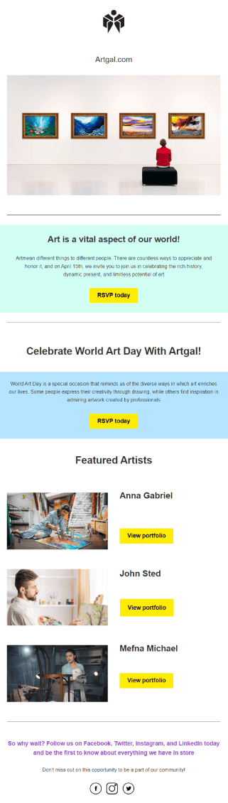 A sleek email design showcasing a modern art gallery, featuring vibrant images and an elegant layout for art enthusiasts.