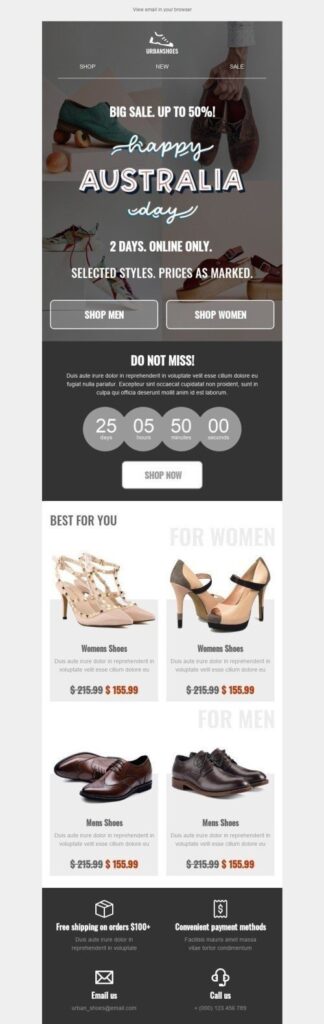 A digital shoe store design, featuring Australia Day elements, highlighting an array of shoes in an engaging format.