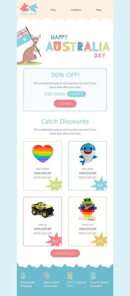 Discount page layout with eye-catching visuals and enticing deals to celebrate the national holiday.