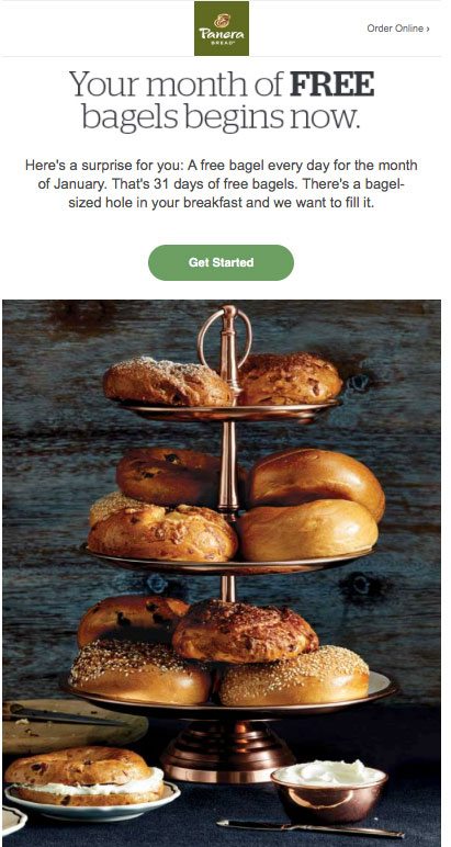 A vibrant flyer for a bagel shop announcing the start of a month of free bagels, featuring a prominent sign.