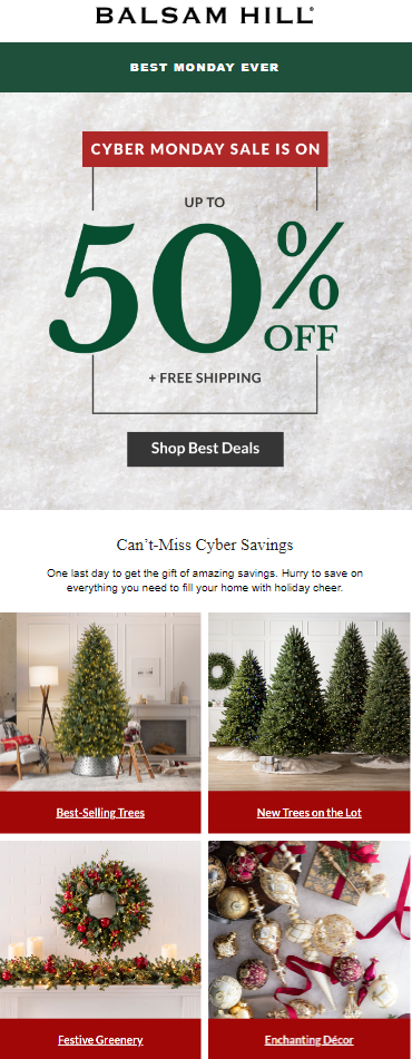 Promotional banner for Balsam Hill's Cyber Monday sale featuring discounts and special offers.