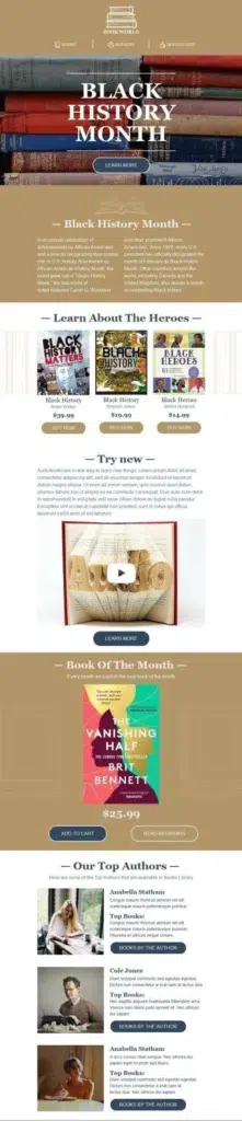 A bookstore email design highlighting Black History Month, showcasing diverse literature and engaging visuals.