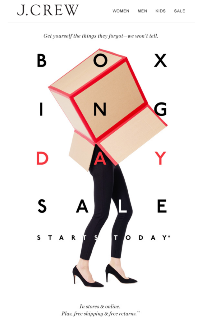 J.Crew's Box Day Sale featuring discounted clothing and accessories displayed in an inviting retail environment.
