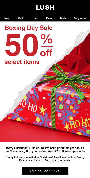 An enticing Boxing Day sale scene filled with lush decorations and a variety of products, inviting shoppers to explore.