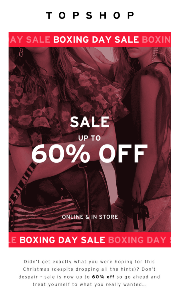 Promotional banner for Topshop's Boxing Day sale featuring discounts on various clothing items and accessories.