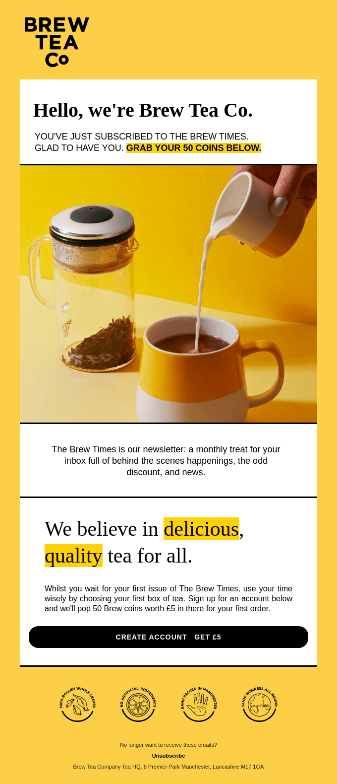 Website homepage for Brew Tea Co, featuring a vibrant design and a focus on their Brew Monday campaign.