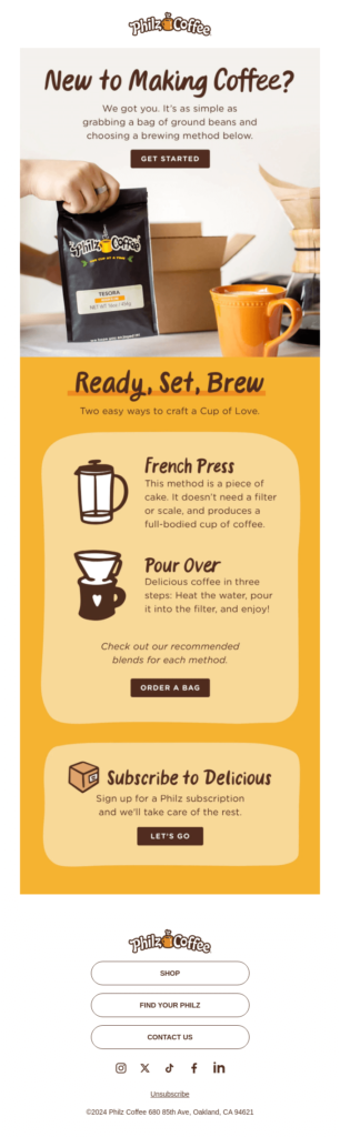 A cozy coffee shop email design featuring Brew Monday, showcasing delicious brews and inviting atmosphere.