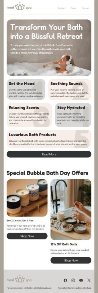 Email design showcasing a spa and bath products company, featuring soothing colors and bubble bath imagery for Bubble Bath Day.
