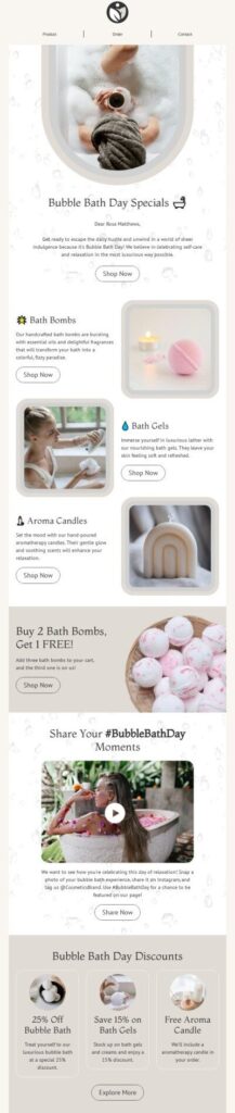 Email design featuring a clean white background, perfect for promoting bubble bath day themes and relaxation.