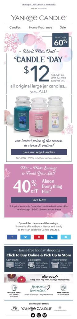 Image of a Yankee Candle coupon code, featuring a discount offer for purchasing scented candles online or in-store.