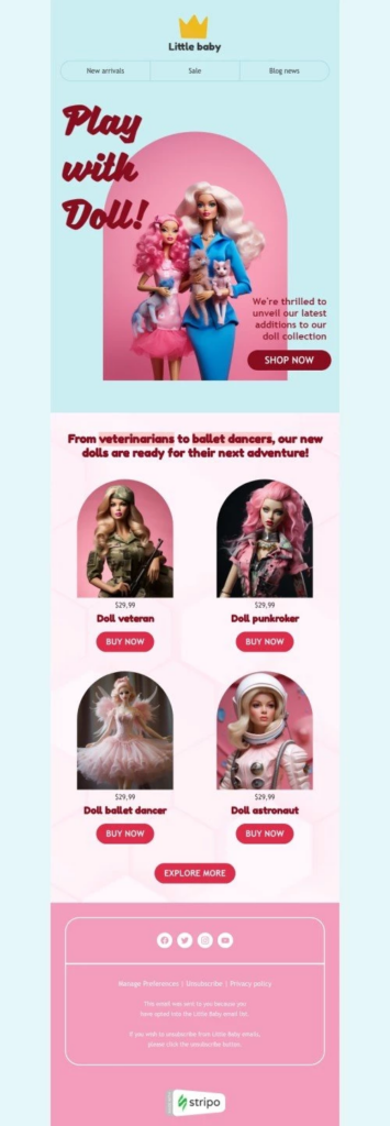 An attractive newsletter from a doll store, highlighting vibrant colors and user-friendly navigation for easy shopping.