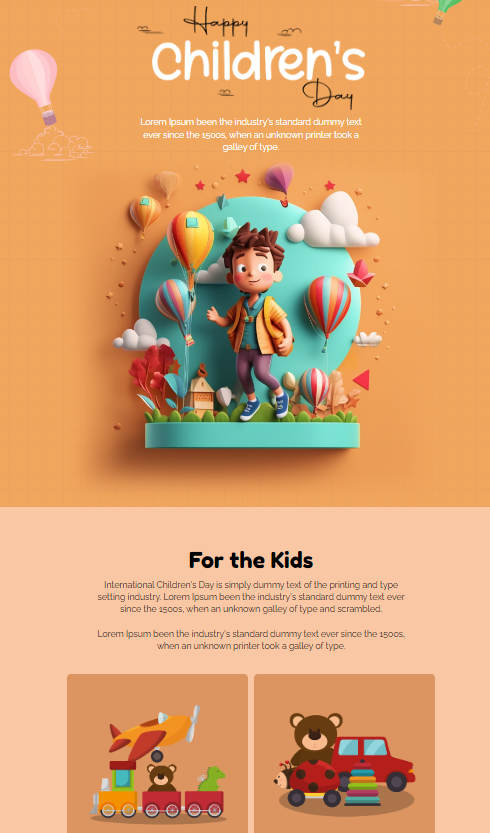 A vibrant children's day email design featuring playful colors, fun graphics, and engaging layout for young audiences.