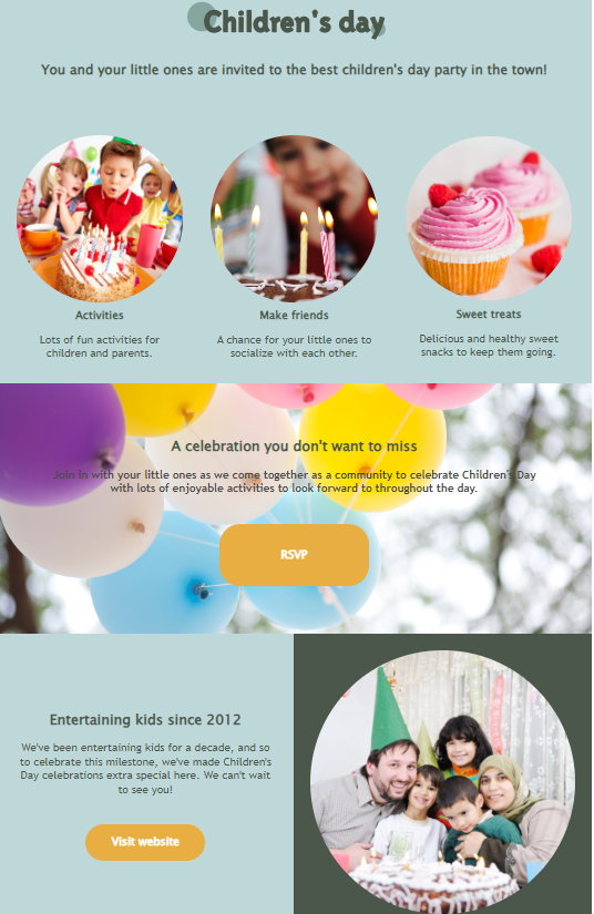 Email design for Children's Day, highlighting playful visuals and exciting content aimed at children and their families.
