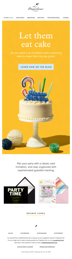 A vibrant email design showcasing a birthday party store, featuring a delightful chocolate cake for celebration.