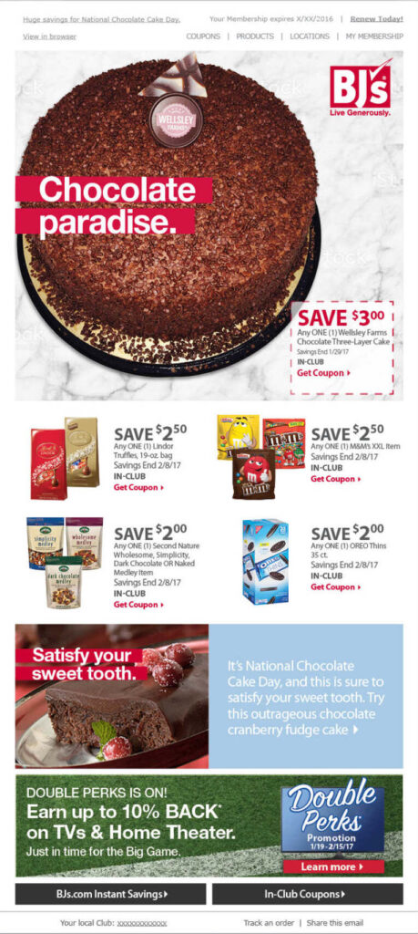 BJ's weekly ad page 1 featuring promotions for Chocolate Cake Day with enticing images of chocolate cakes and desserts.