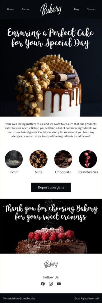 Email design for a bakery featuring a chocolate cake, celebrating Chocolate Cake Day with vibrant colors and enticing visuals.