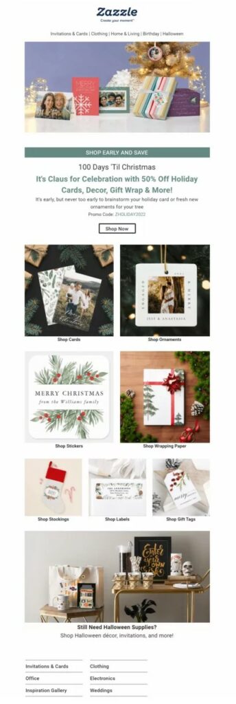 Email design showcasing a Christmas gift shop, featuring festive decorations and a variety of holiday gift options.