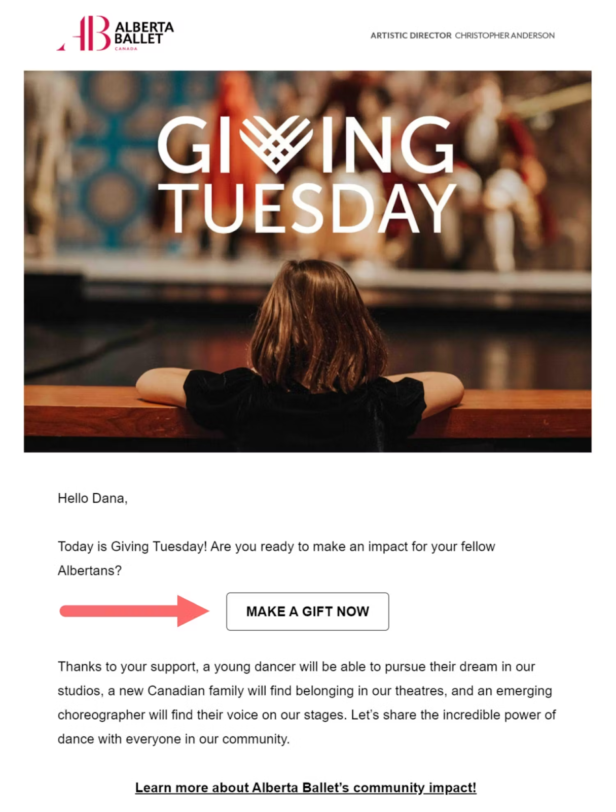 Email template for Giving Tuesday, featuring a festive design and call-to-action for donations and community support.