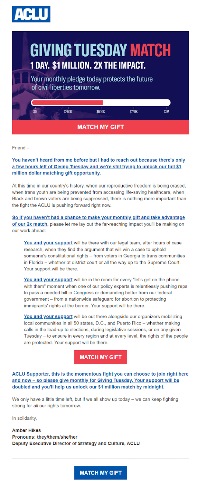 An email promoting Giving Tuesday, highlighting a matching donation opportunity to encourage charitable contributions.