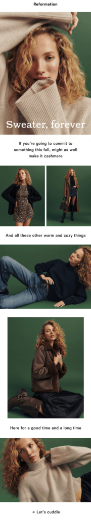 Poster showcasing the new fall collection, featuring cozy styles perfect for cuddle day.
