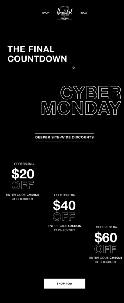 Cyber Monday sale flyer with discounts based on order amounts.