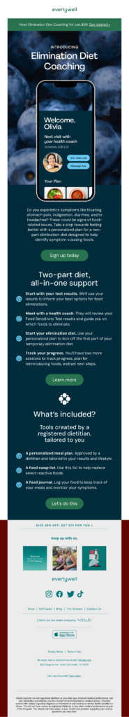 Email design from the white chocolate website, featuring diet resolutions and healthy dessert options.