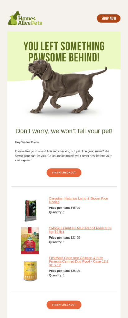 Email template showcasing pet supplies for a special event called "Doggy Date Night."