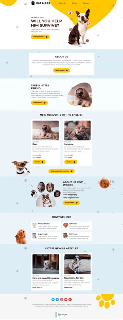 Website design for a dog food company featuring a "Doggy Date Night" theme and promoting dog adoption initiatives.