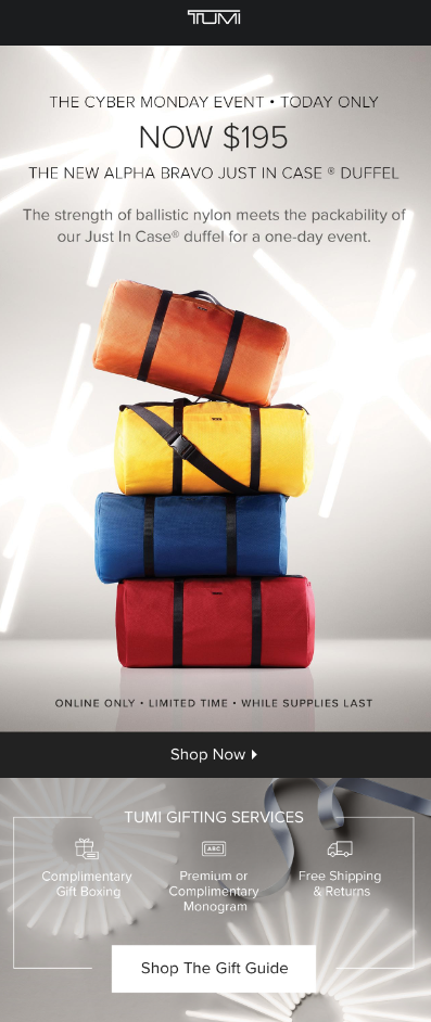 Cyber Monday sale email displayed, featuring various discounts and promotional offers for online shoppers.