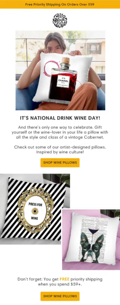 Email graphic promoting National Drink Wine Day with festive wine imagery and celebratory text.