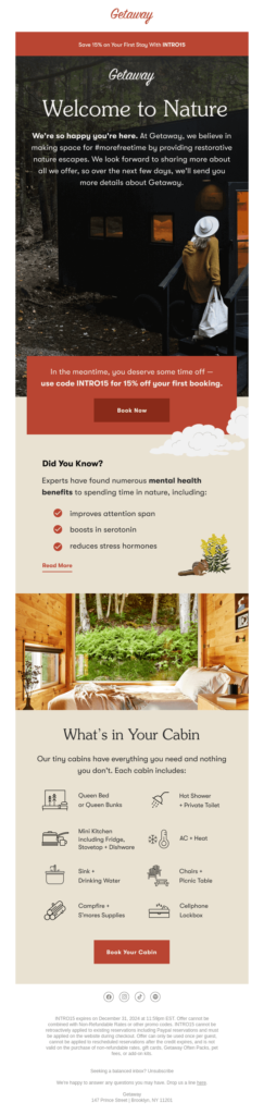Email design showcasing a serene nature cabin, inviting users to escape into tranquility and natural beauty.